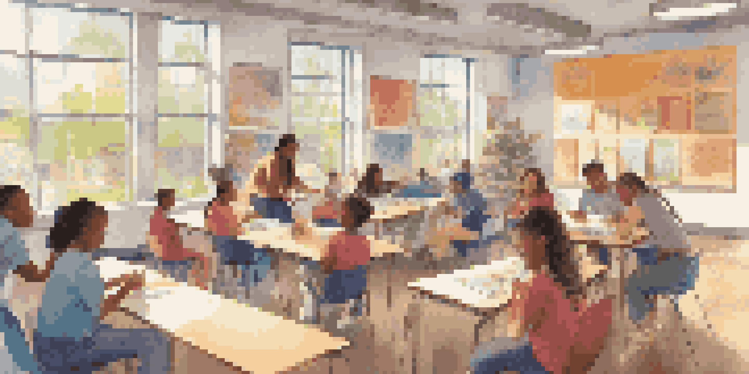 A lively classroom with students of various backgrounds collaborating on projects, surrounded by colorful educational decorations and a supportive teacher.