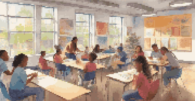 A lively classroom with students of various backgrounds collaborating on projects, surrounded by colorful educational decorations and a supportive teacher.