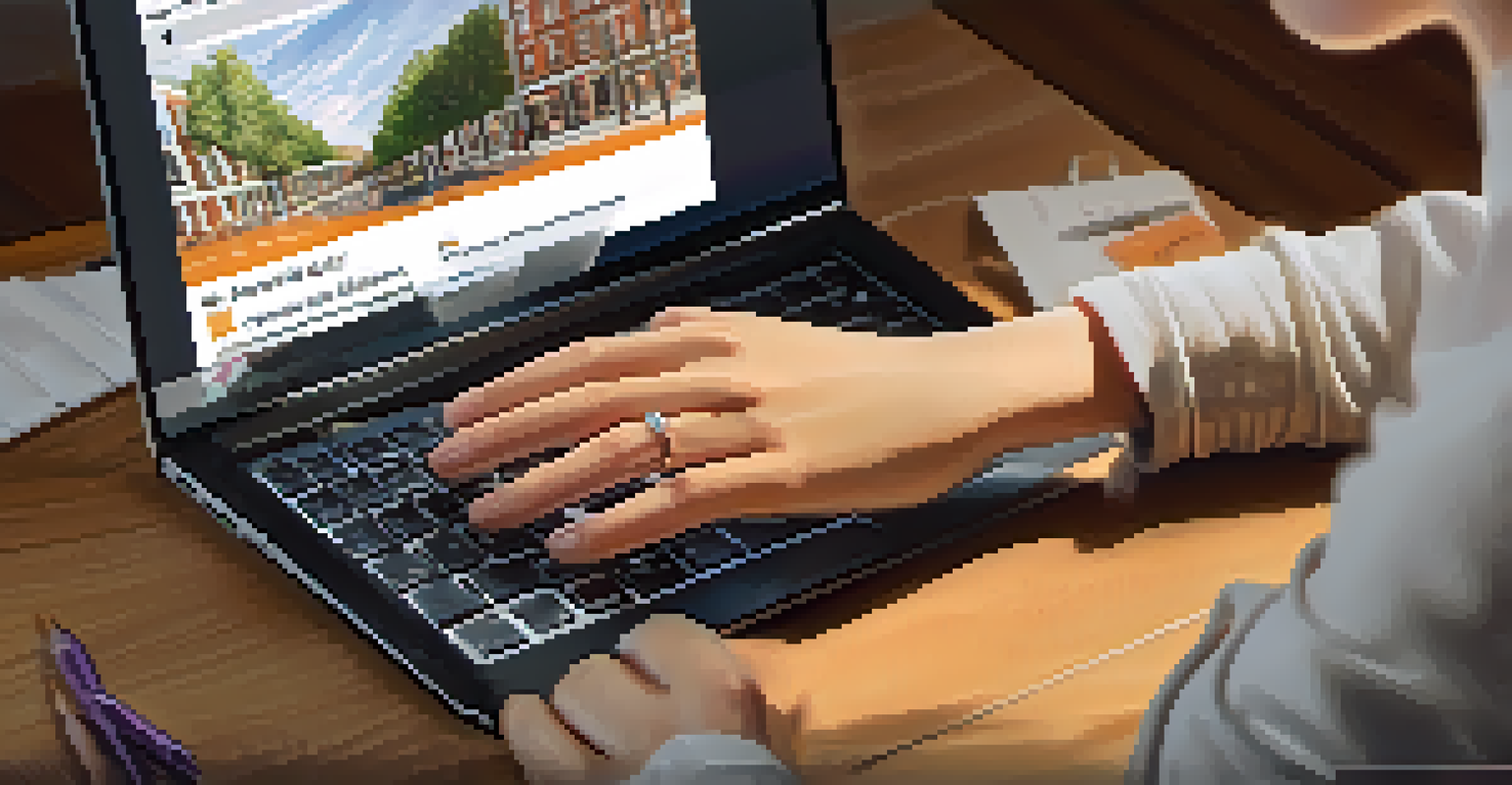 Close-up of a student's hands typing on a laptop showcasing a colorful e-portfolio on the screen, with a warm ambient light in the background.