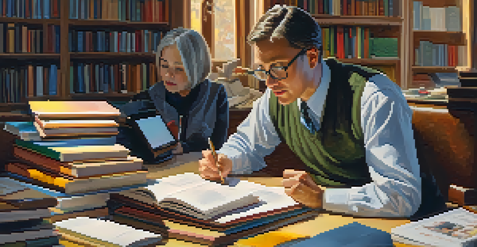 An educator and a student engaged in a focused discussion at a desk filled with books and a laptop.