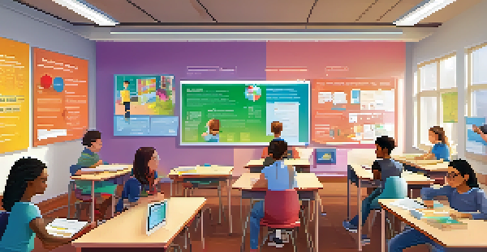 A diverse classroom showing students using digital tools for learning, with vibrant educational posters and bright lighting.