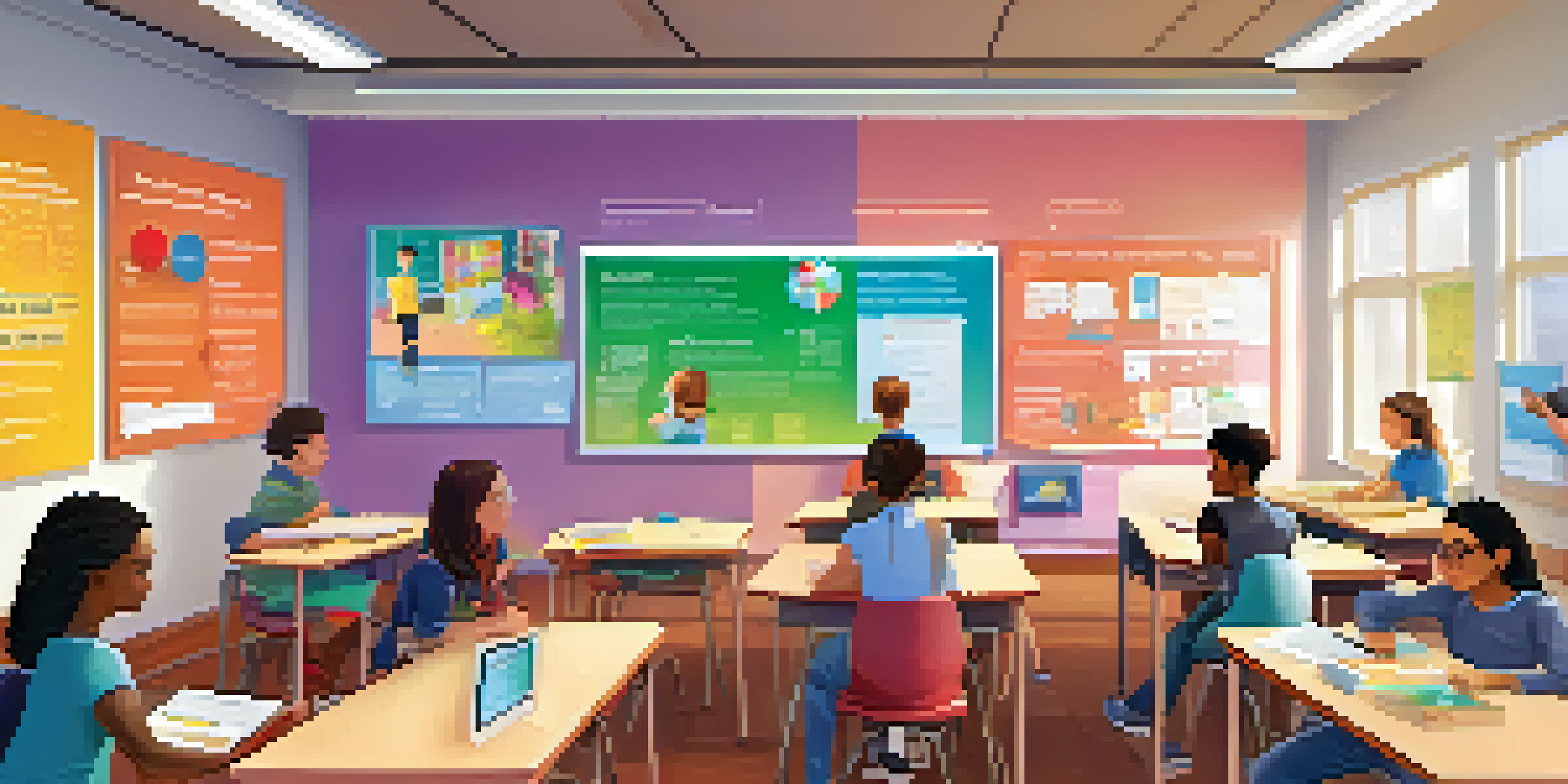 A diverse classroom showing students using digital tools for learning, with vibrant educational posters and bright lighting.