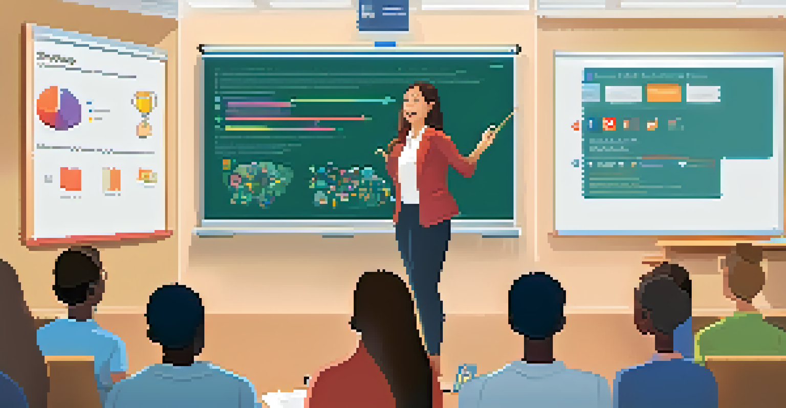 An educator presenting social media strategies in a modern classroom, with students attentively listening and taking notes.