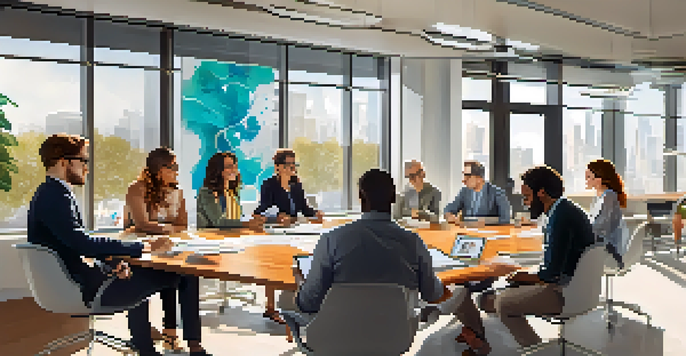 A diverse group of professionals working together at a conference table, discussing ideas with a digital tablet in a bright room.
