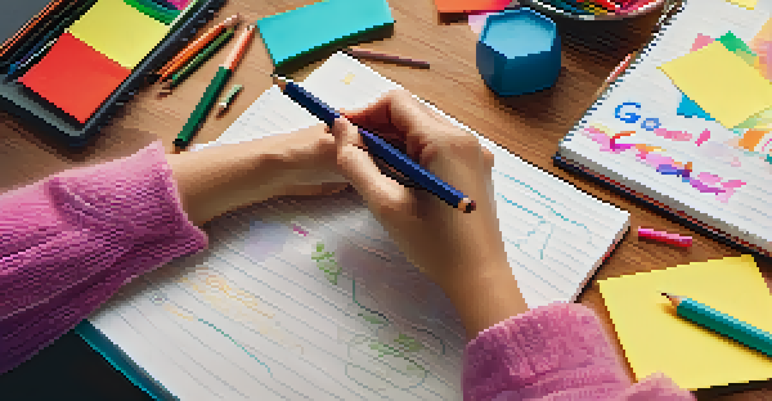 A student's hands writing goals in a notepad, surrounded by colorful sticky notes and motivational quotes, emphasizing the theme of goal setting.
