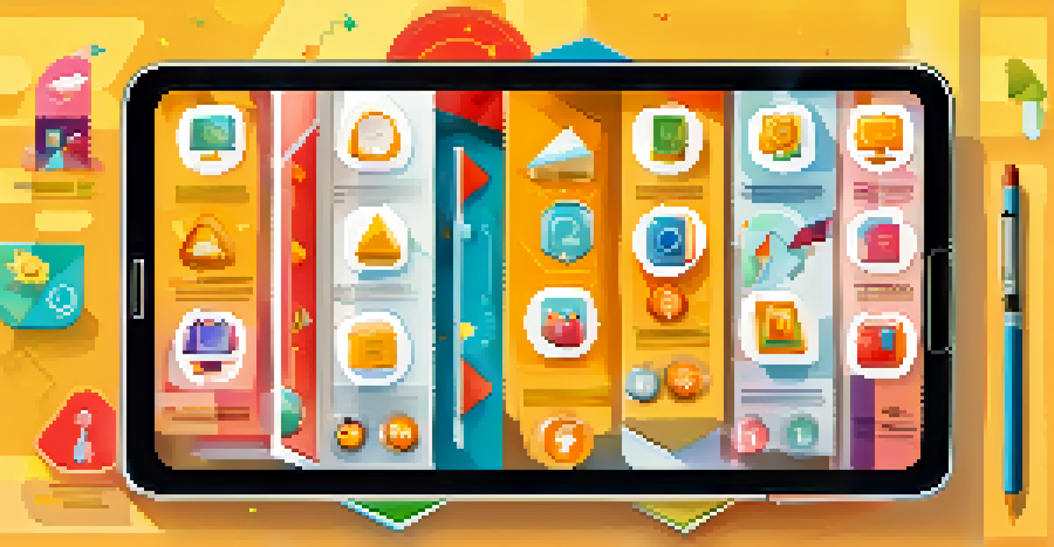 An illustration of a smartphone showing gamification elements like badges and points, with employees collaborating in the background.