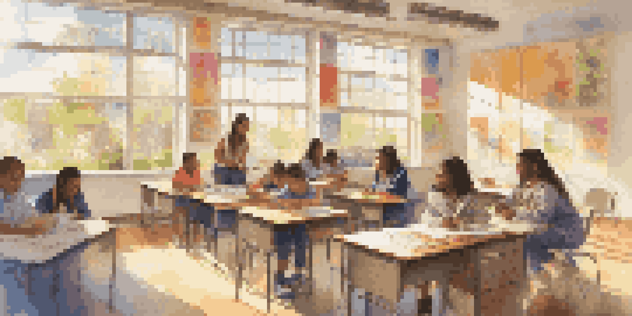 A bright and welcoming classroom where diverse students are actively participating in group discussions and projects under natural sunlight.