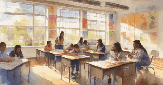 A bright and welcoming classroom where diverse students are actively participating in group discussions and projects under natural sunlight.