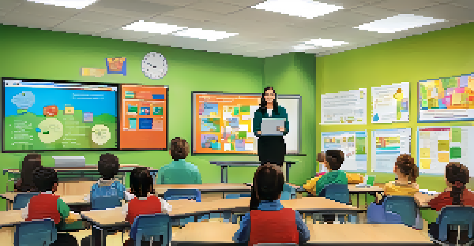 An educator presenting a digital assessment tool to students using a smart board in a colorful classroom.