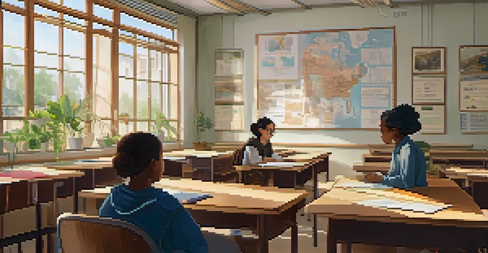 A diverse group of students in a bright classroom during a mentoring session, with a mentor listening to a student.