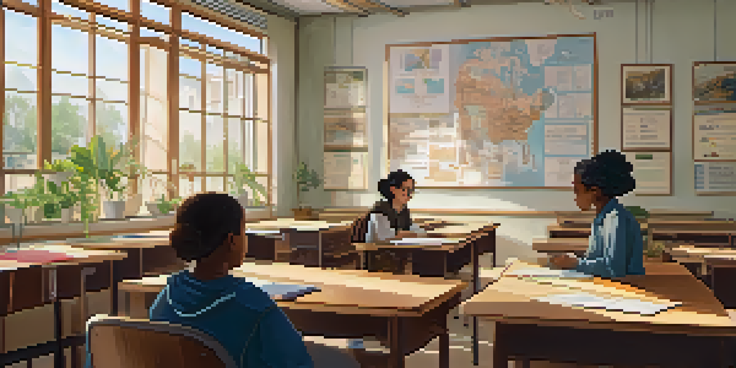 A diverse group of students in a bright classroom during a mentoring session, with a mentor listening to a student.