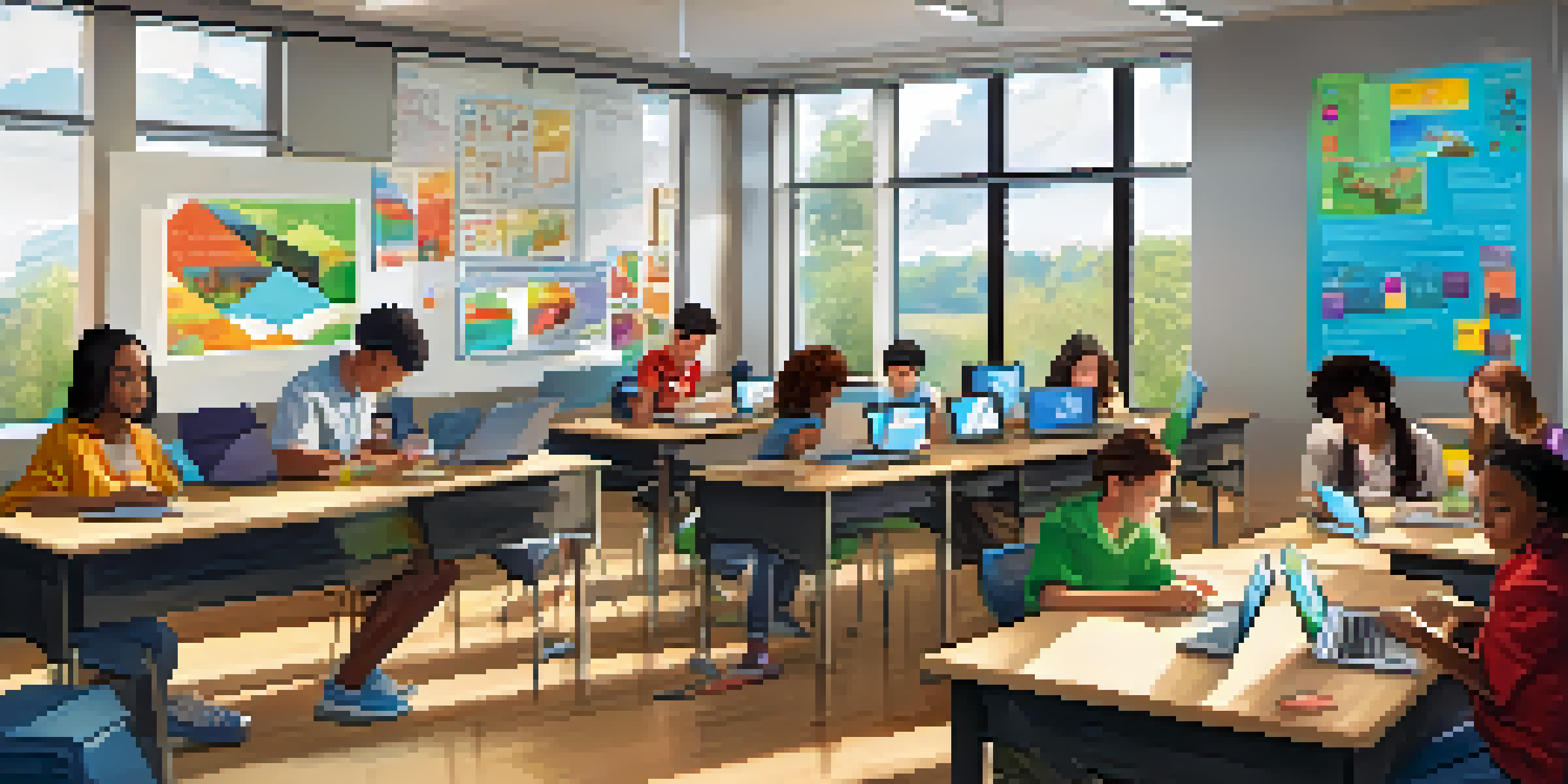 A vibrant classroom filled with diverse students using laptops and tablets, illuminated by natural light from large windows.