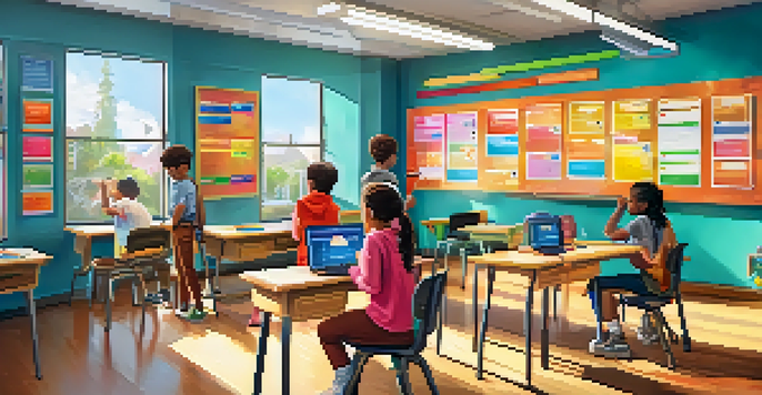 A lively classroom with students participating in gamified learning, colorful leaderboards on display, and a bright, welcoming environment.