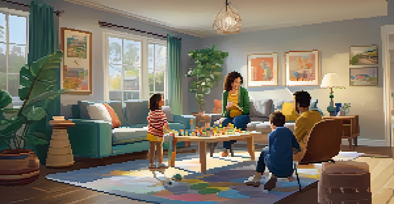 A parent and child happily playing a board game in a warm, inviting living room, highlighting their emotional connection.