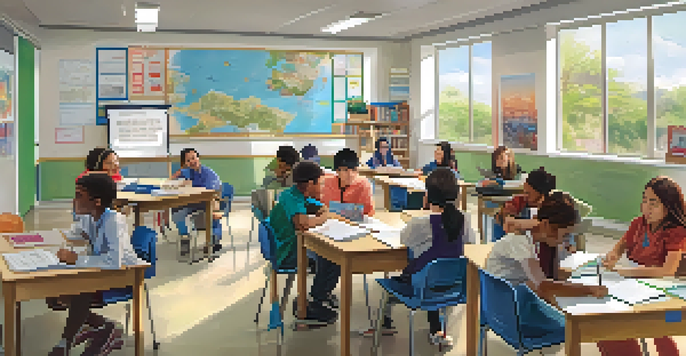 A bright classroom where diverse students collaborate around a table, engaged in discussion with their laptops and notebooks.