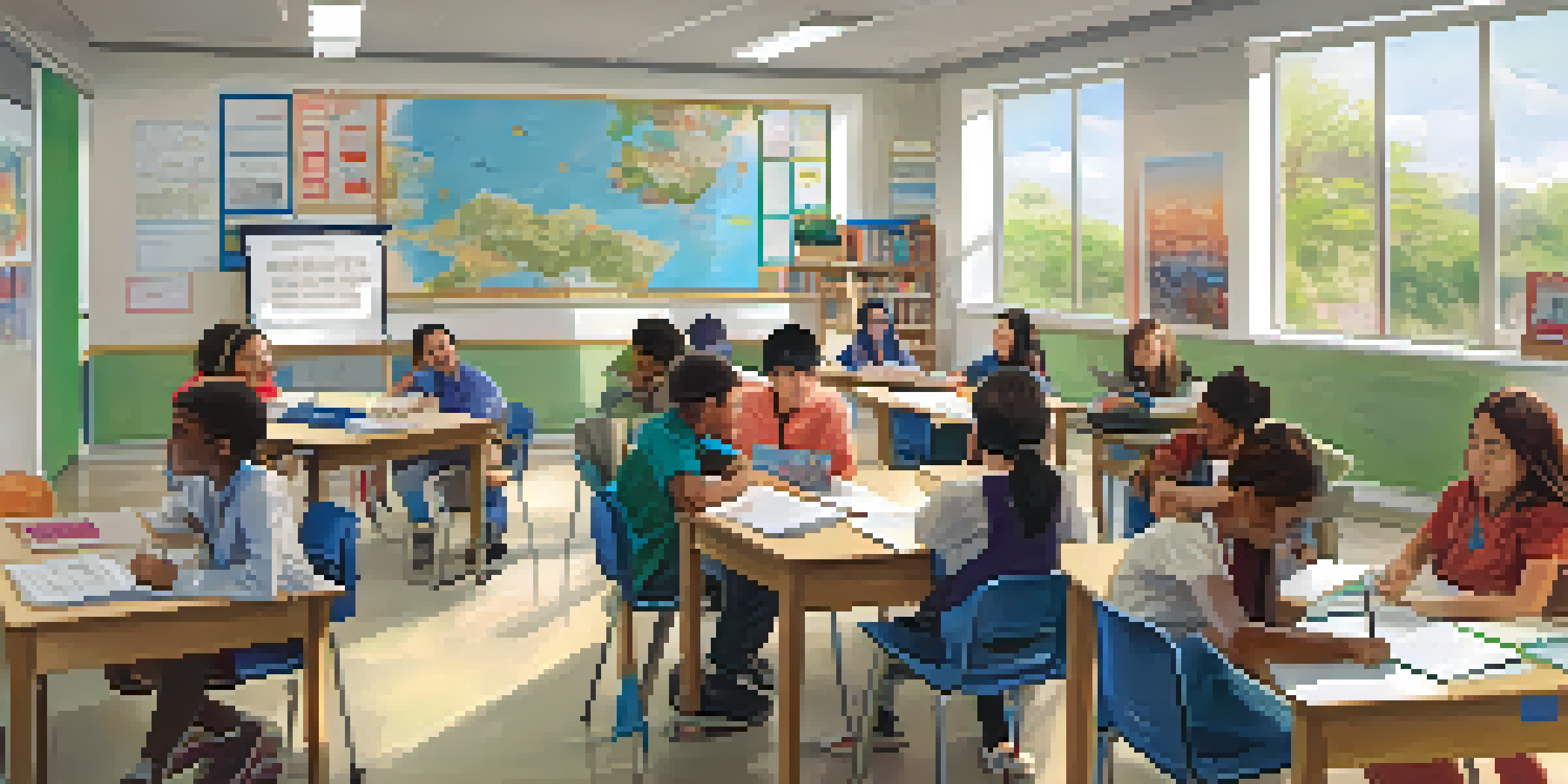 A bright classroom where diverse students collaborate around a table, engaged in discussion with their laptops and notebooks.