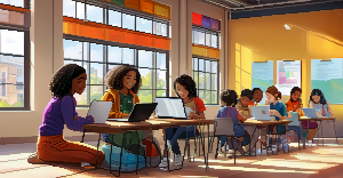 A bright classroom filled with diverse students collaborating on digital storytelling projects with laptops and tablets.