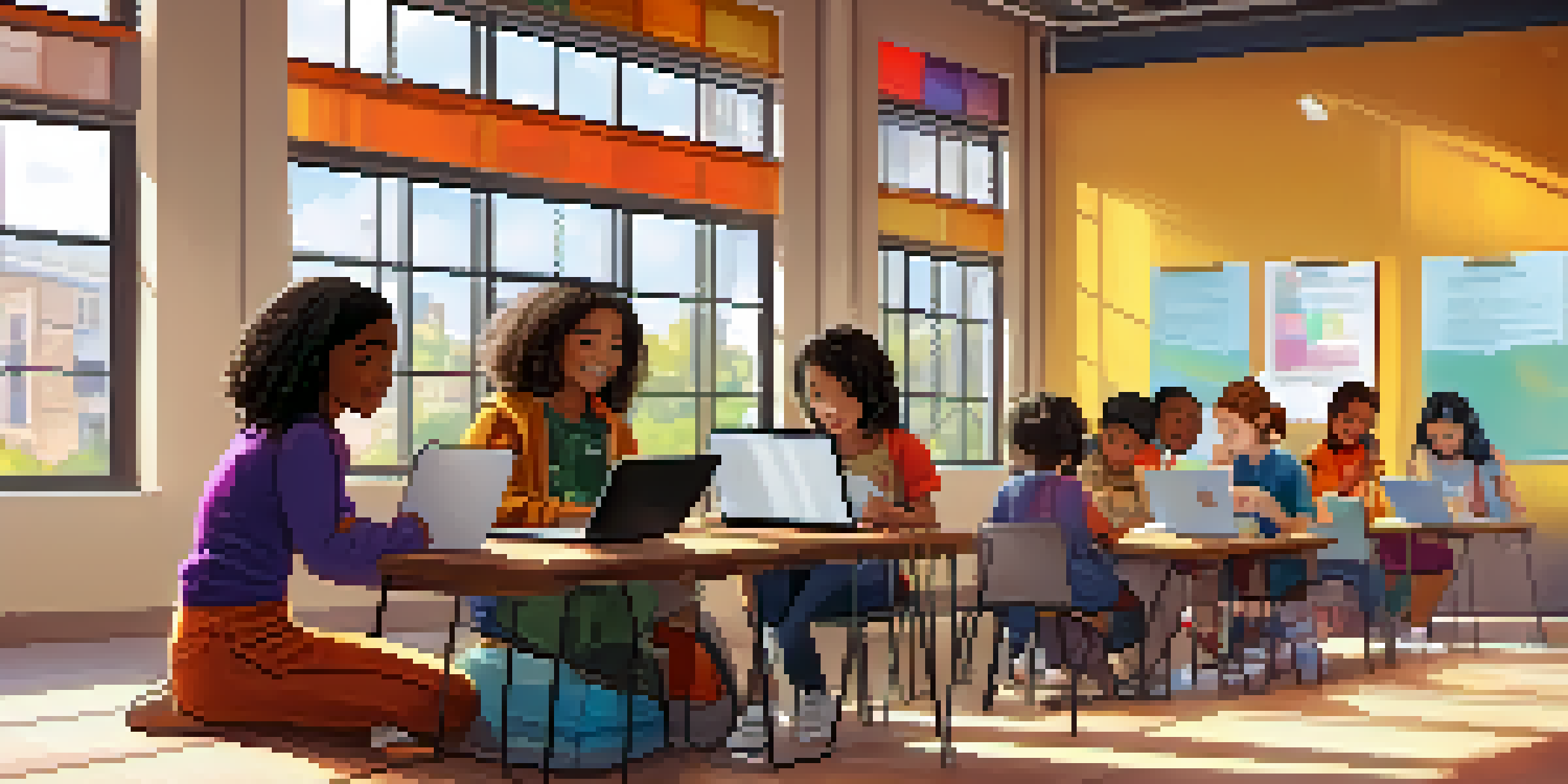 A bright classroom filled with diverse students collaborating on digital storytelling projects with laptops and tablets.