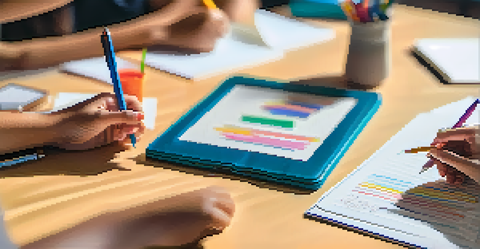 Close-up of hands writing in journals with colorful pens on a table during a group reflection activity.