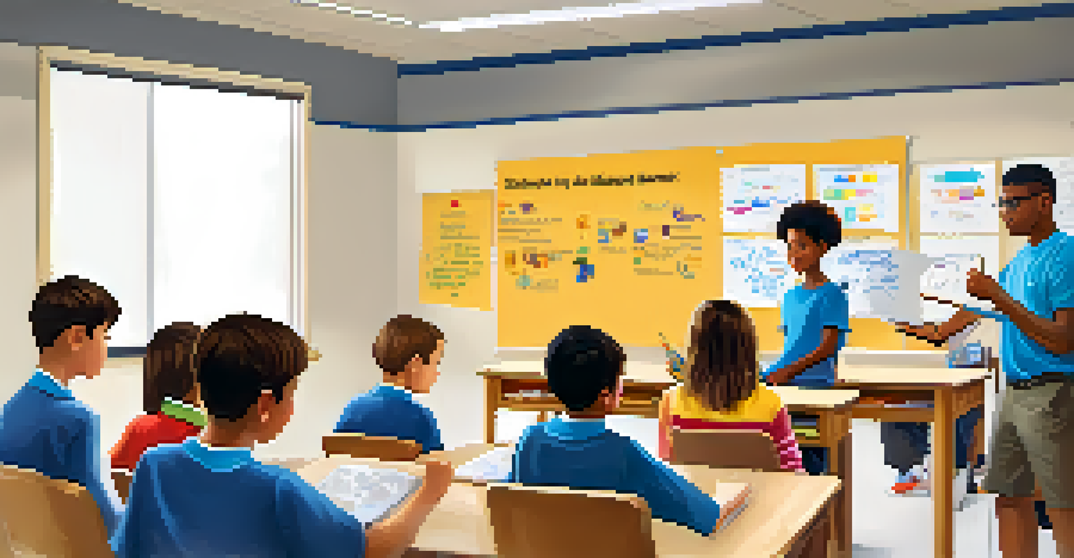A mentor giving a presentation in a colorful classroom, with students actively engaged and taking notes.