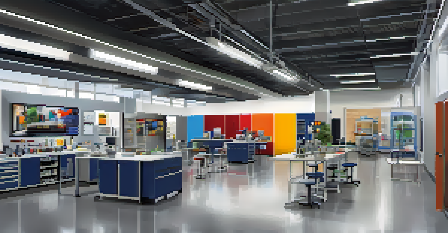 A modern vocational training facility with different sectors like healthcare, technology, and trades, showing students engaged in various learning activities.