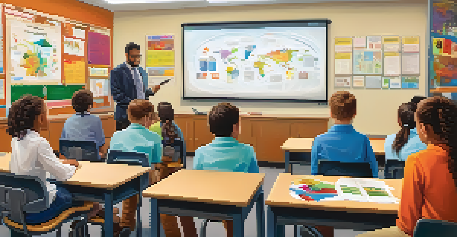 An educator facilitating a collaborative learning session with students using tablets and interactive whiteboards in a modern classroom.