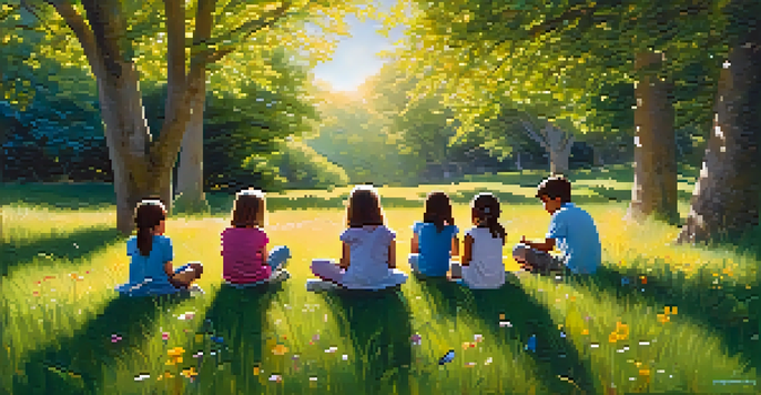 Children sitting calmly on a grassy hill, practicing mindful breathing under a clear blue sky, with flowers and butterflies around them.