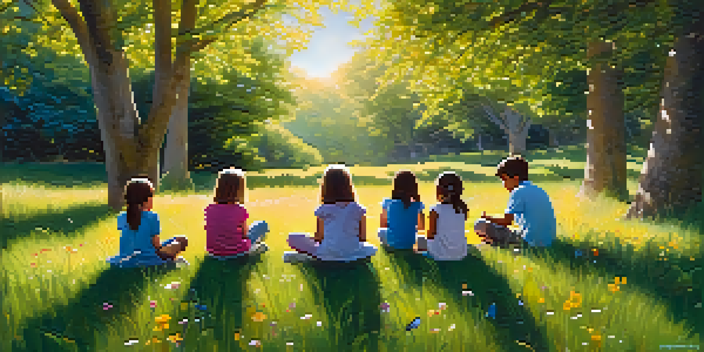 Children sitting calmly on a grassy hill, practicing mindful breathing under a clear blue sky, with flowers and butterflies around them.