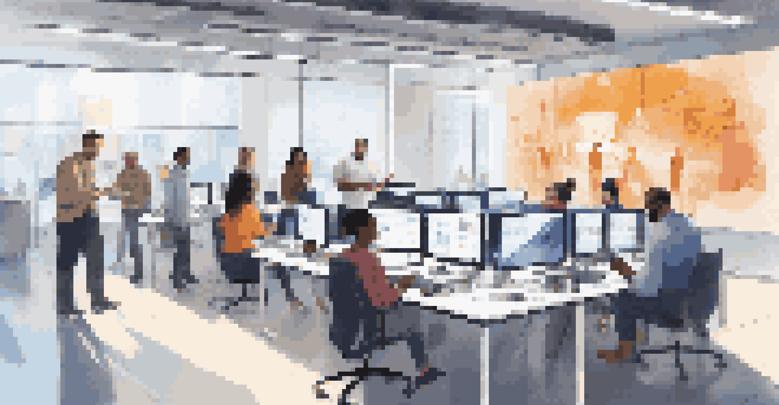 A diverse group of adults working together in a modern office environment, with digital screens showing micro-credentials and badges.