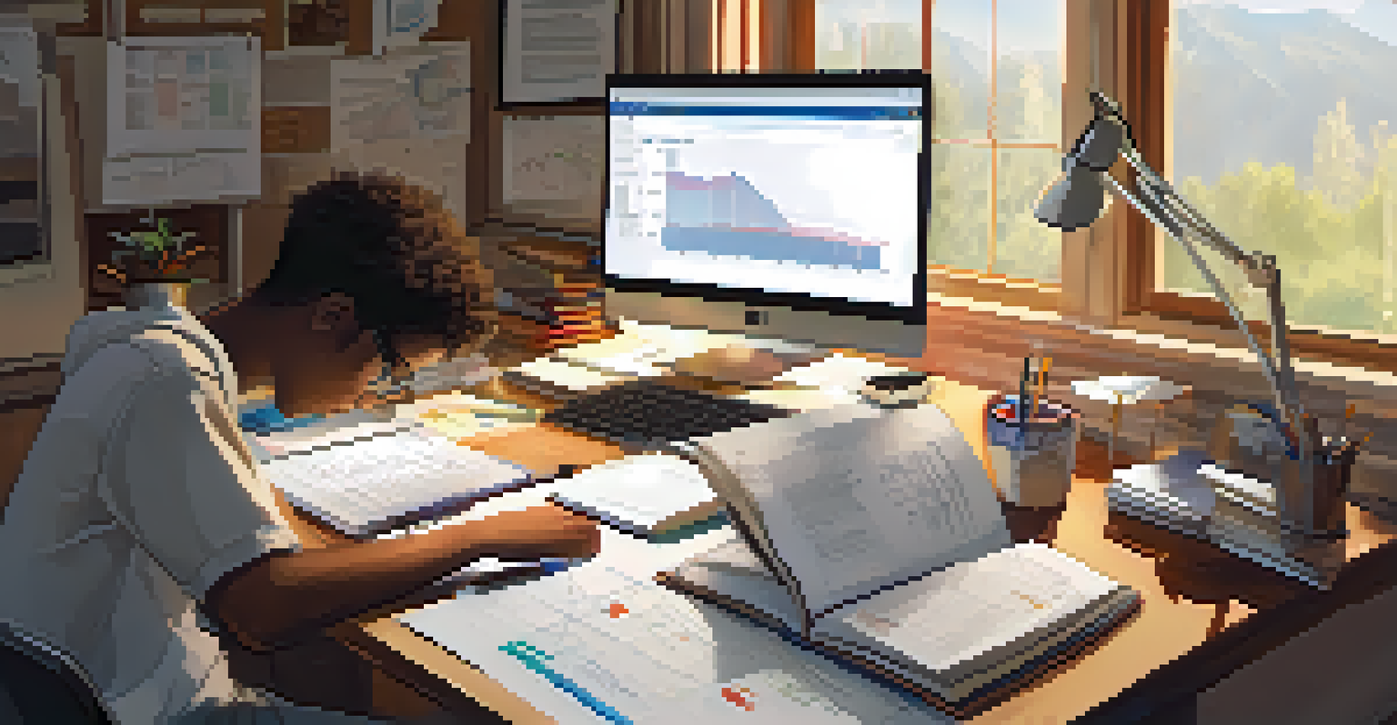 A focused student writing a report at a desk filled with research materials and notes, illustrating the process of inquiry-based learning.