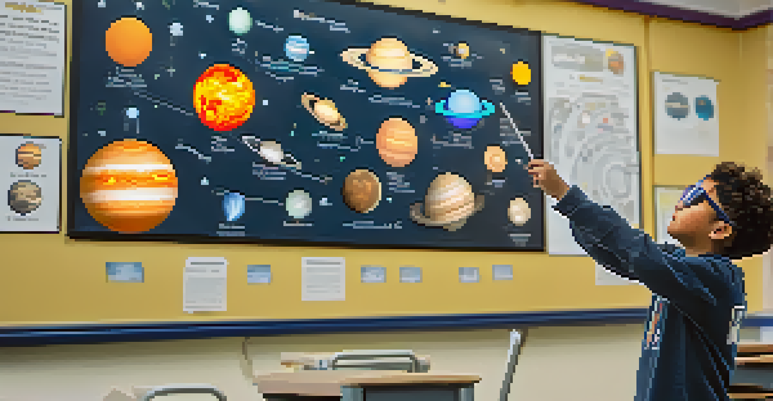 A student wearing augmented reality glasses, interacting with a vibrant display of the solar system in a classroom setting.