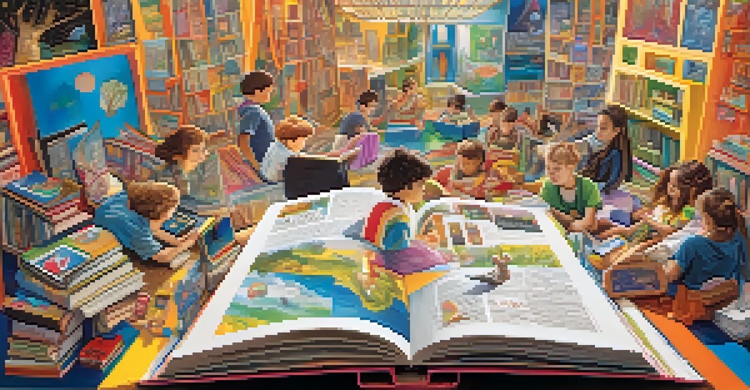A colorful illustration of an open book with various media formats around it, representing visual literacy and creative learning among children.
