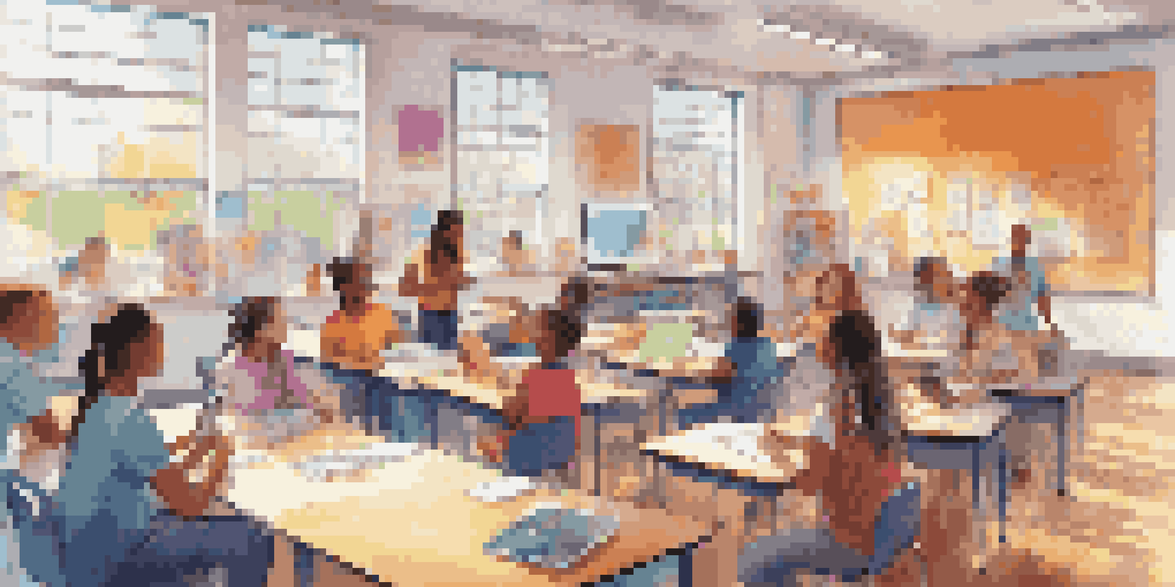 A lively classroom where students and a teacher collaborate using technology, with tablets and interactive whiteboards present, illuminated by natural light.