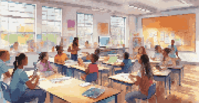 A lively classroom where students and a teacher collaborate using technology, with tablets and interactive whiteboards present, illuminated by natural light.