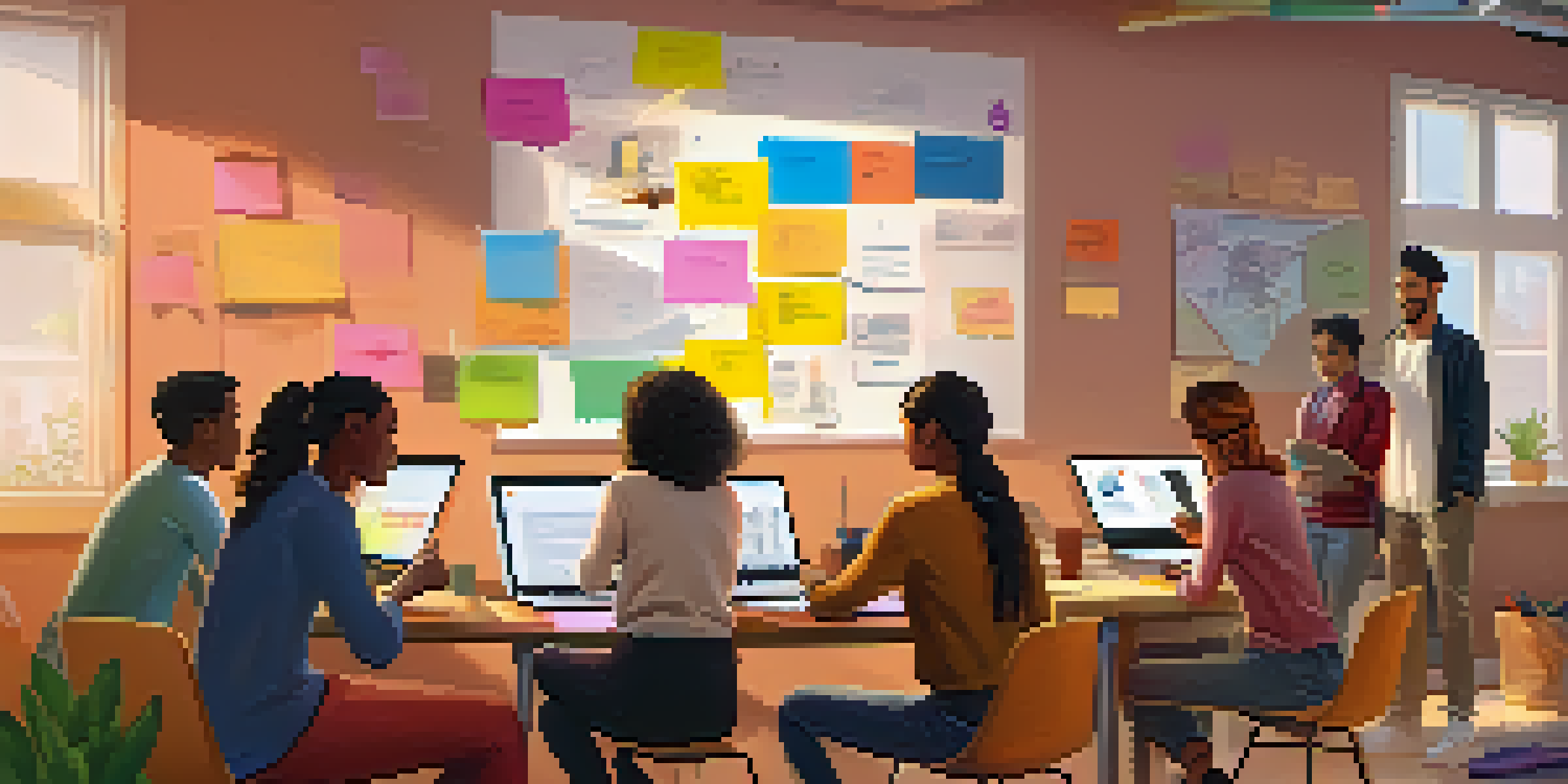 A diverse group of students participating in a virtual classroom, focused on a laptop with an interactive lesson, surrounded by colorful sticky notes and warm lighting.