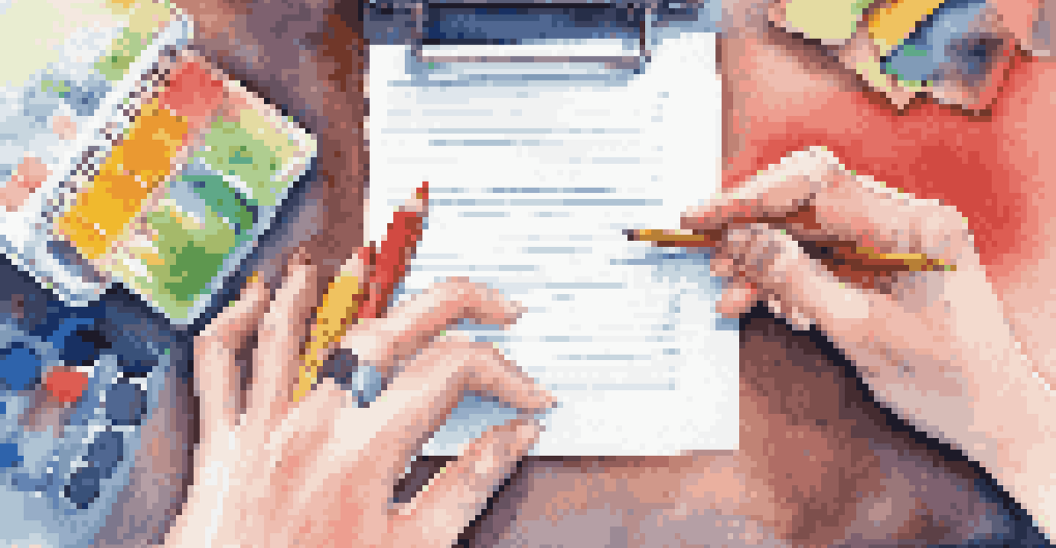 Close-up of hands writing feedback on a lesson plan with colorful stationery around.