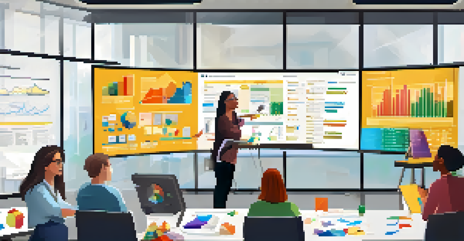 A dynamic workshop scene with educators working on learning analytics, engaging with interactive dashboards on a large screen, creating an atmosphere of exploration.