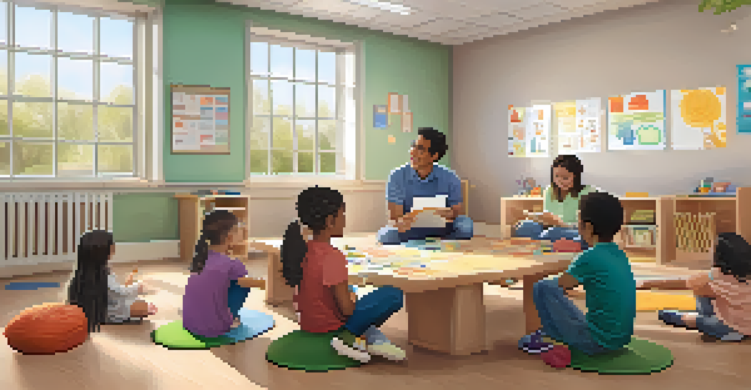 A teacher leading a group of children in a role-playing activity to promote social-emotional learning in a warm classroom environment.