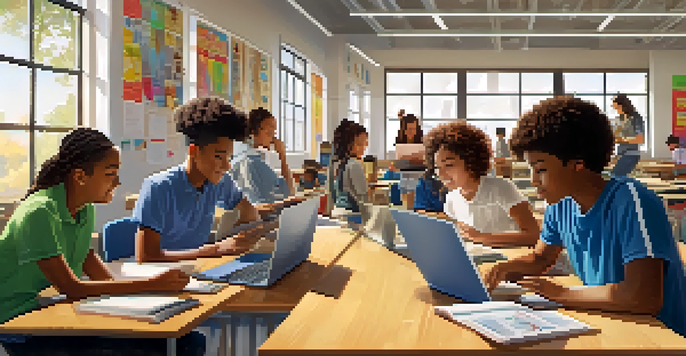 A vibrant classroom with students of different ethnicities using laptops and tablets together, illuminated by sunlight.