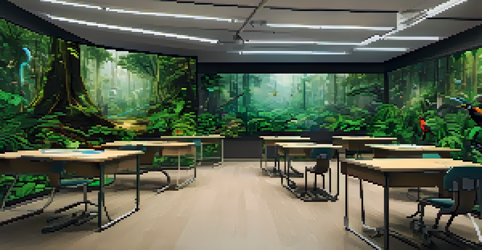 Students in a modern classroom using virtual reality to explore a digital rainforest, surrounded by interactive screens.