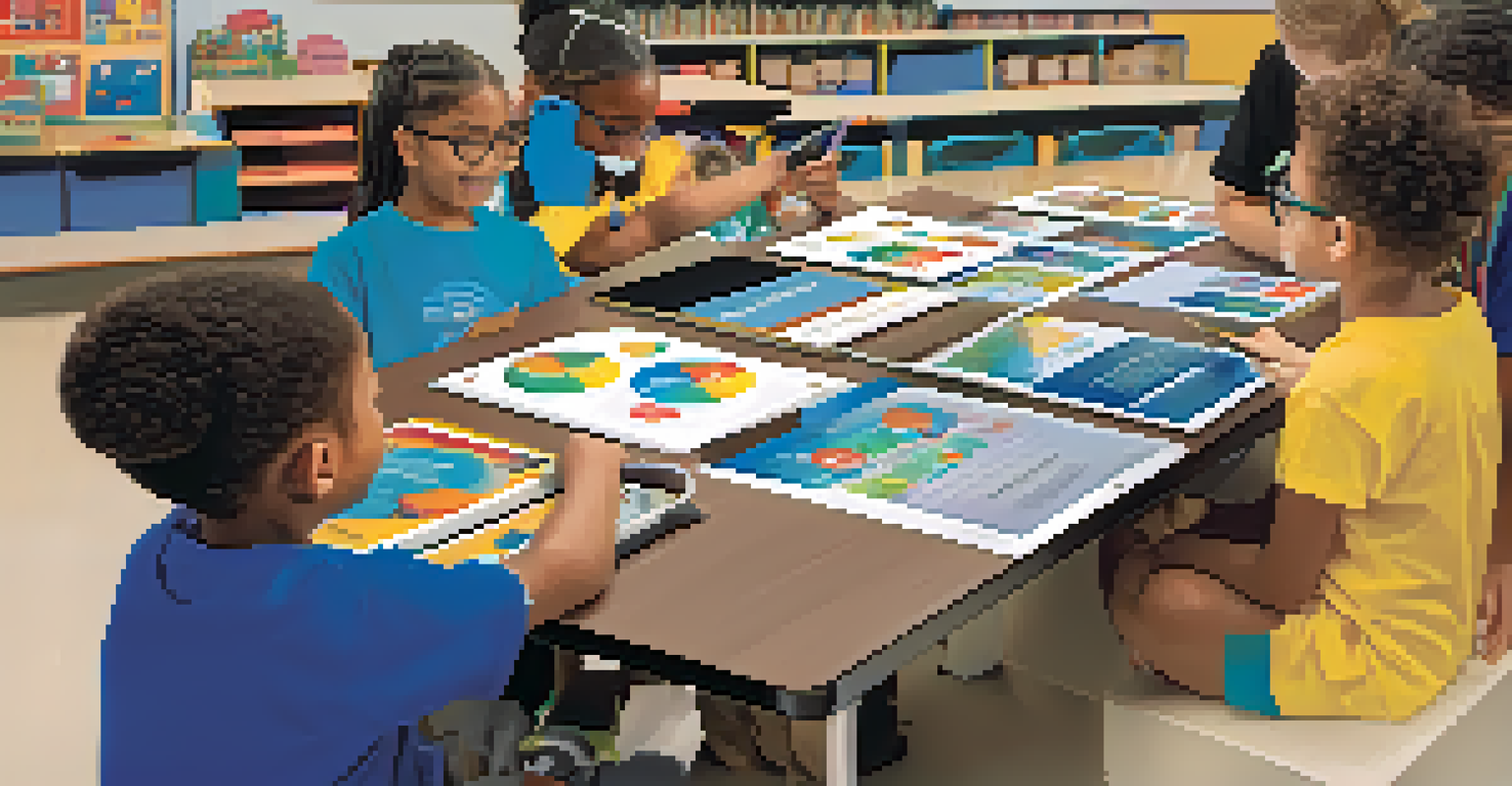 A display of inclusive educational resources on a table, with a teacher assisting students in exploring printed materials and technology.