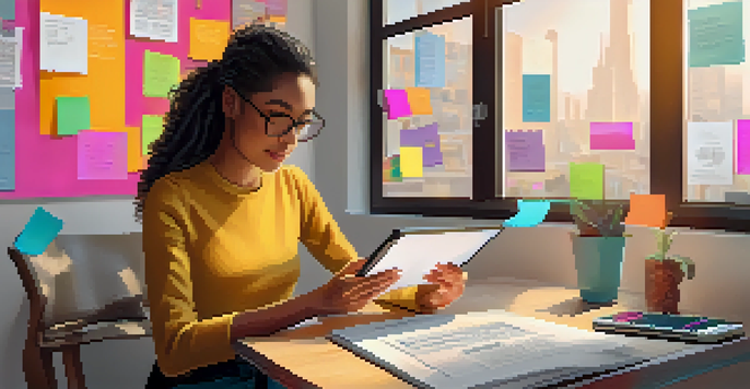 A person at a desk using a tablet to access microlearning content, surrounded by colorful sticky notes and a cup of coffee, with natural light streaming through a window.