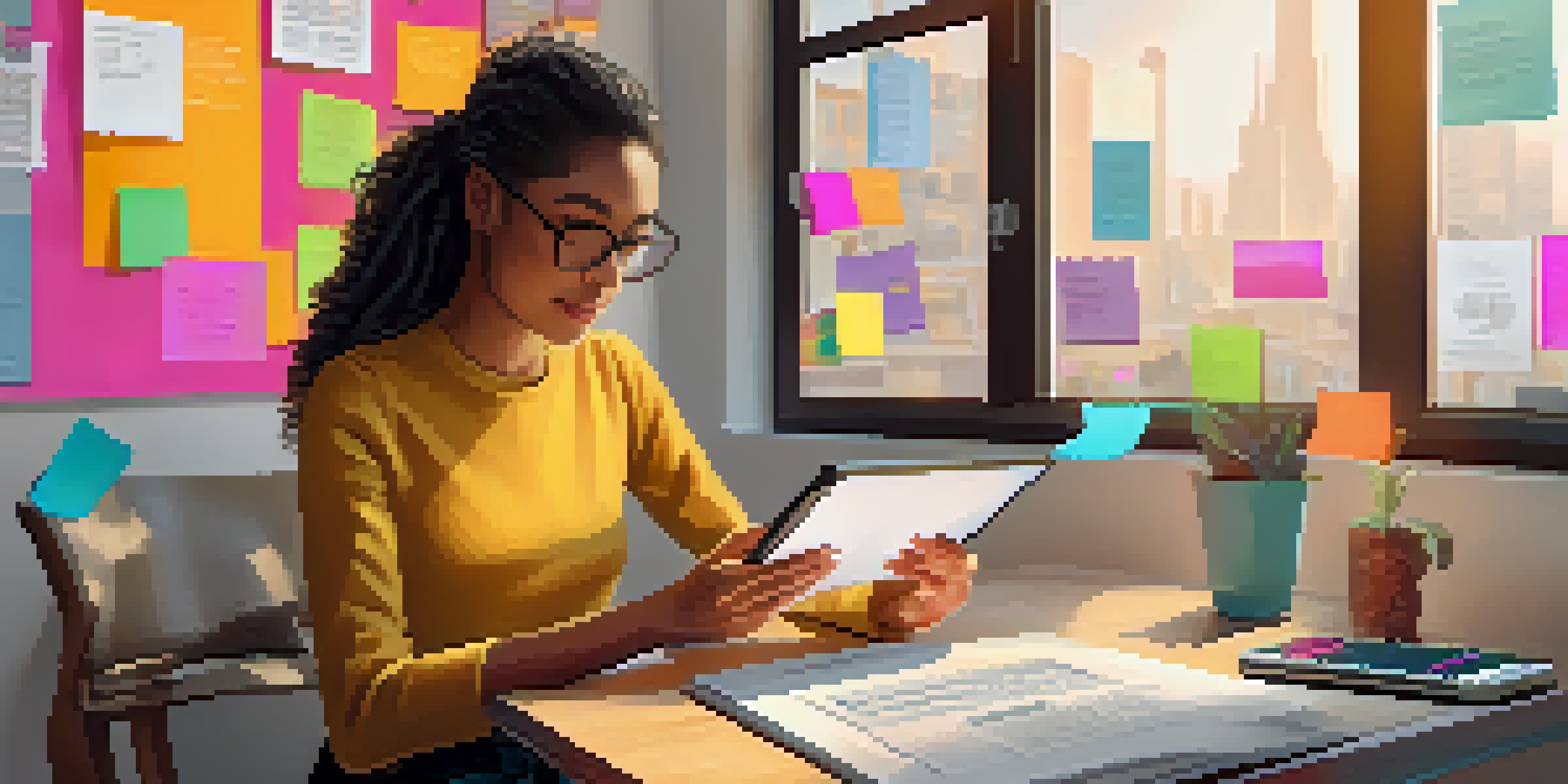 A person at a desk using a tablet to access microlearning content, surrounded by colorful sticky notes and a cup of coffee, with natural light streaming through a window.