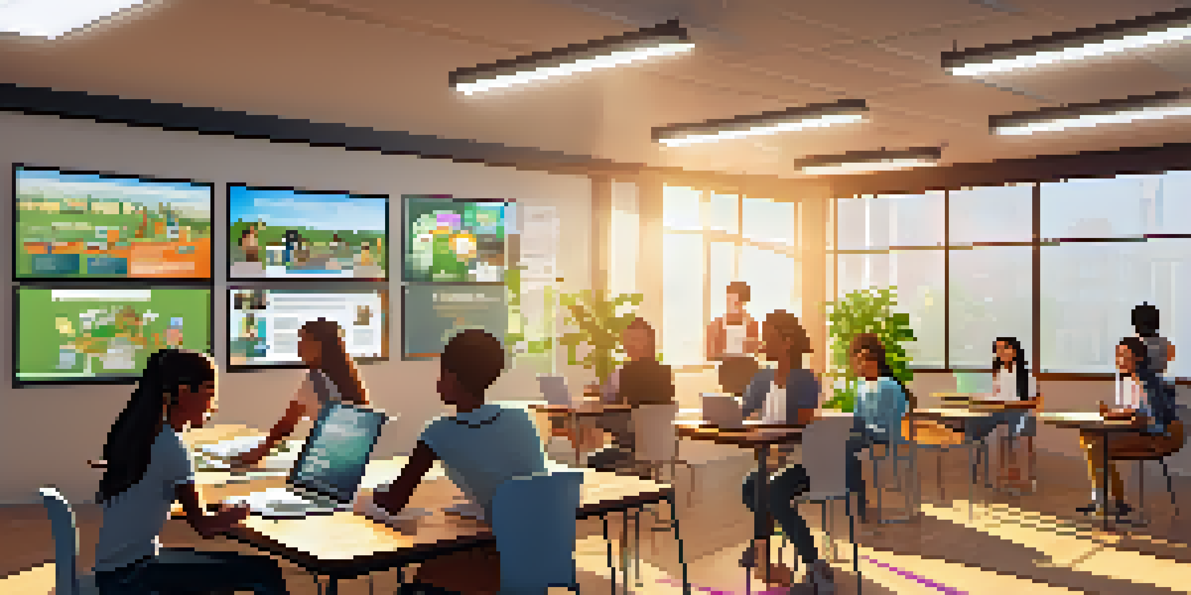 A diverse group of students in a modern virtual classroom, engaged in online learning with laptops and interactive content on a large screen.