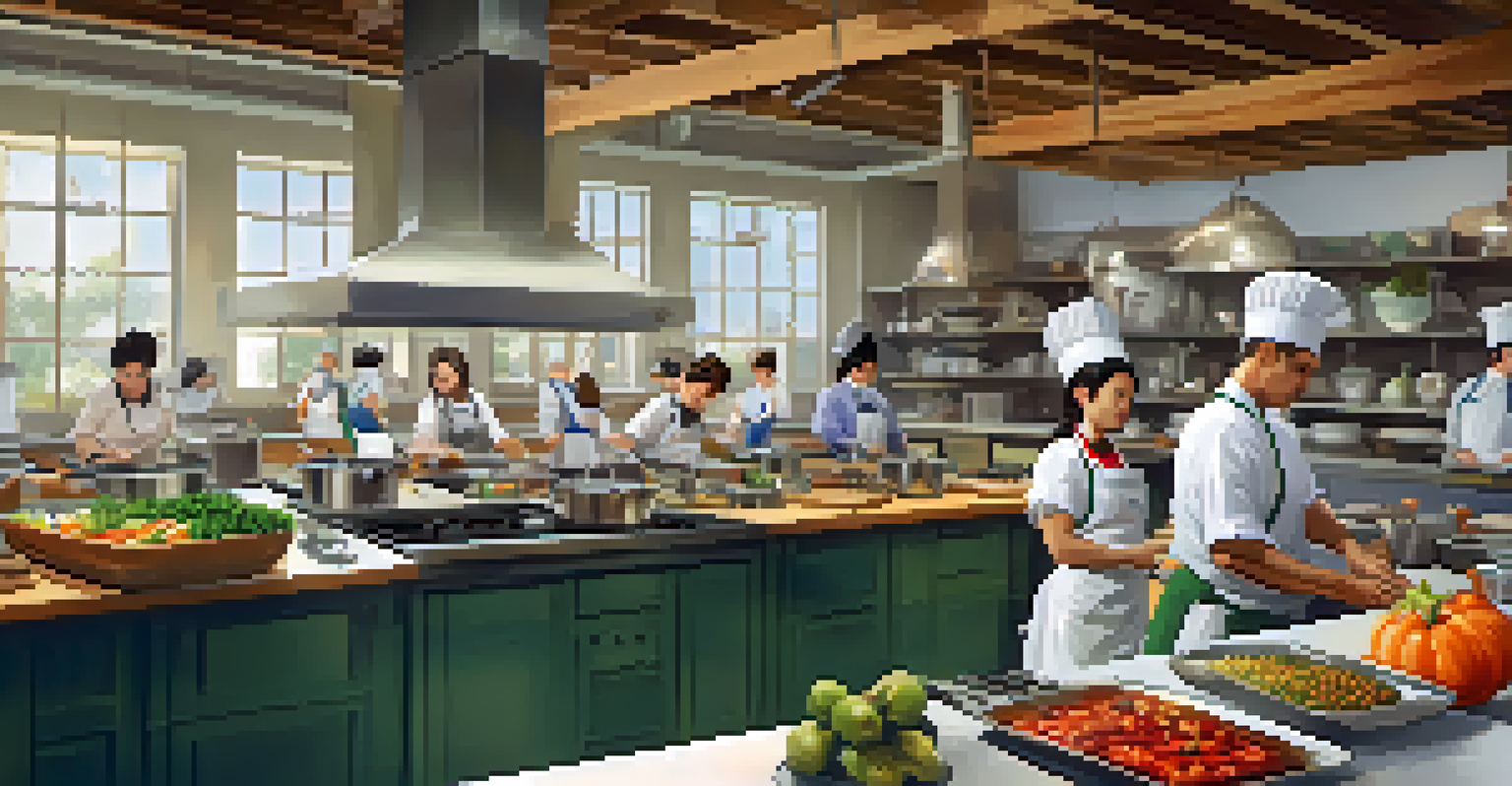 Students in a cooking class, each preparing different dishes at their own stations, with a bright and inviting kitchen setting.