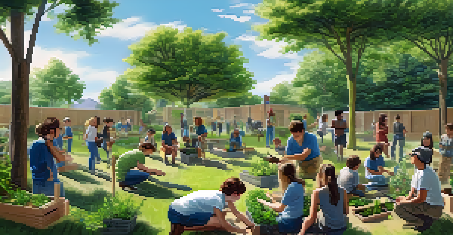 Students working together outdoors on a community gardening project, planting trees and discussing their plans in a lush green environment.