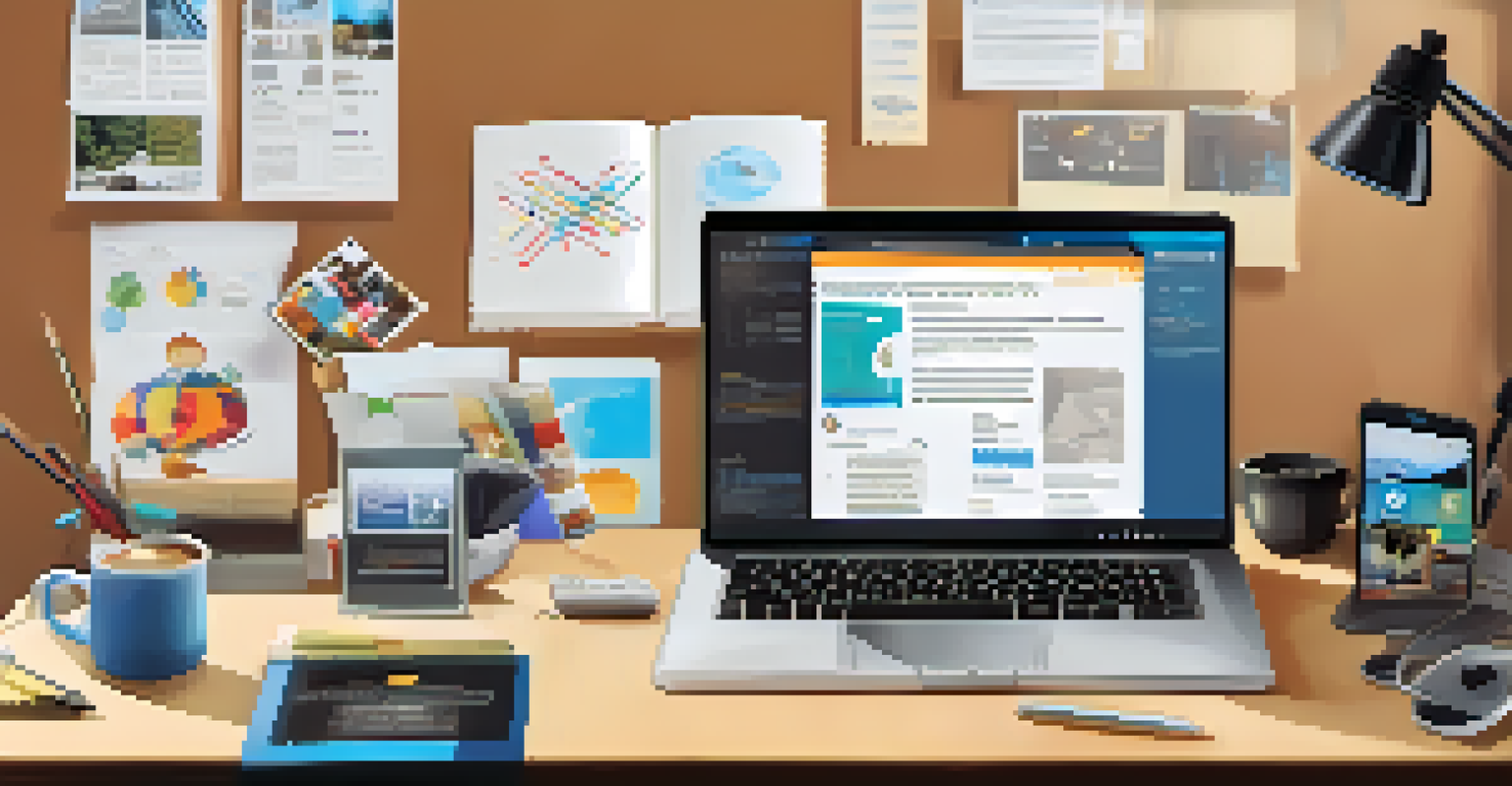 A desk with different media devices showcasing transmedia learning formats like video, infographic, and social media.