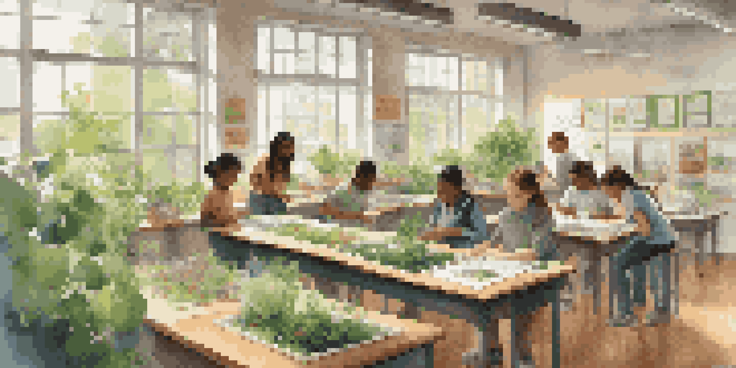 A diverse group of students working together on an environmental science project in a colorful classroom filled with plants and educational posters, illuminated by natural light.