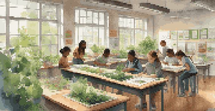 A diverse group of students working together on an environmental science project in a colorful classroom filled with plants and educational posters, illuminated by natural light.