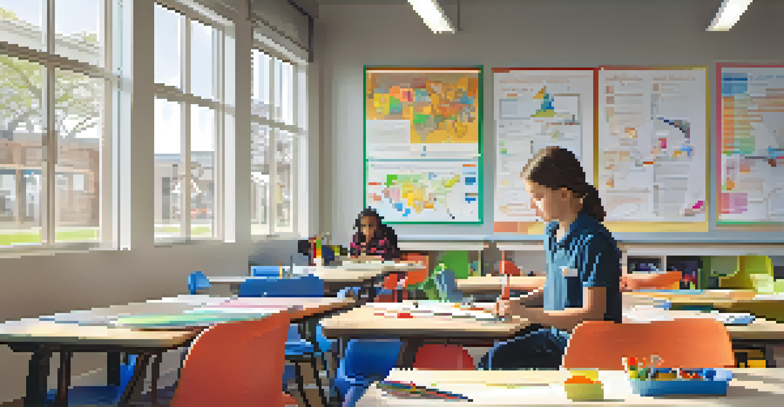 A young student working on a project in a colorful, flexible workspace, surrounded by supplies and personal goals displayed on a poster.